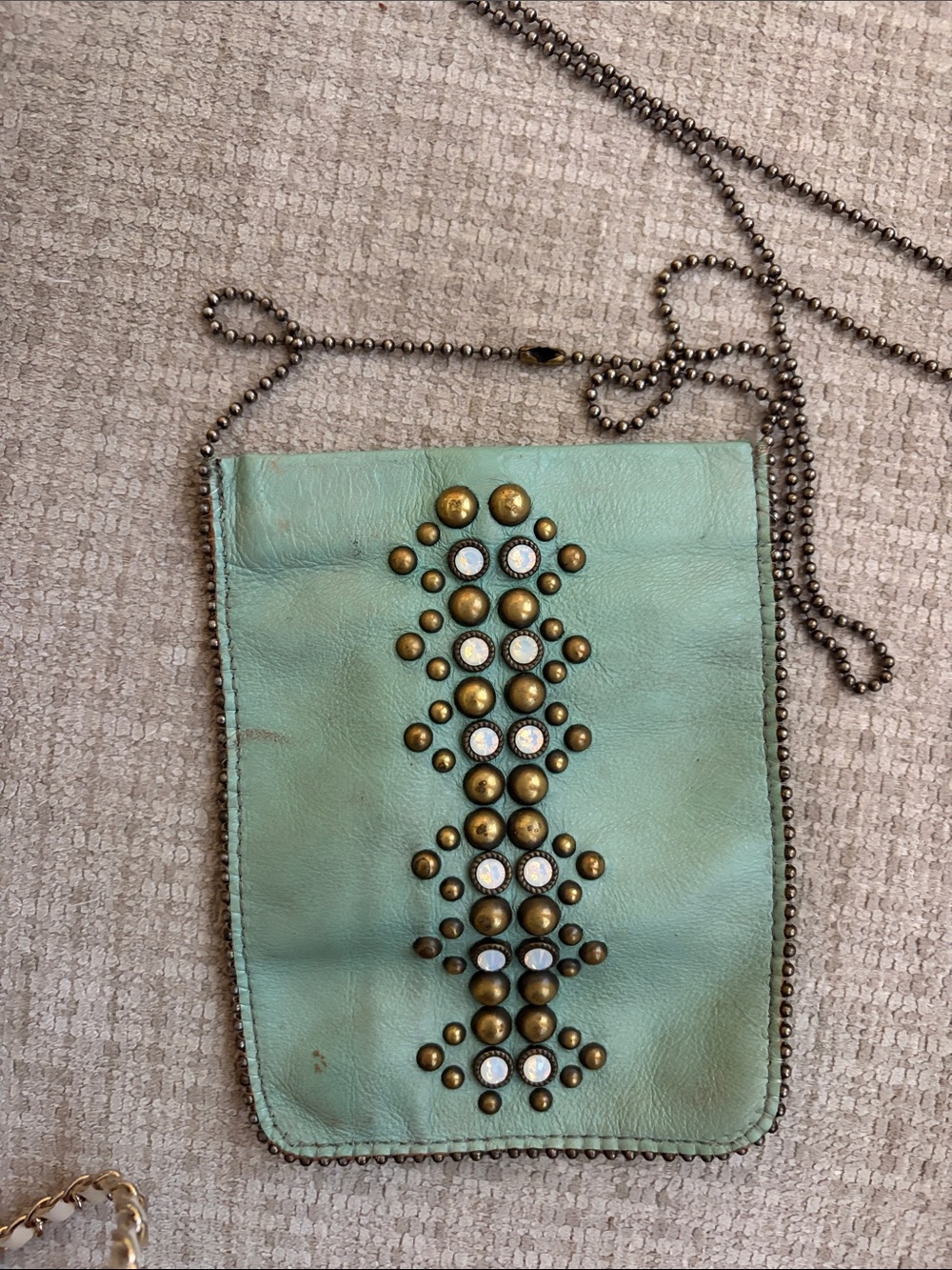 Mint Green Studded Leather Crossbody Bag with Chain Strap
